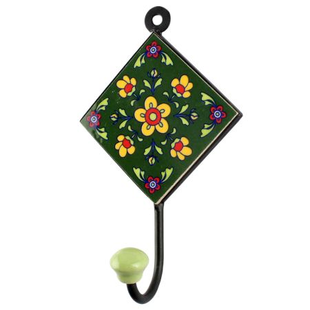 Forest Green Ceramic Floral Tile Hook